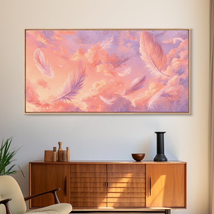 Pink Feather Sky Canvas Print, Dreamy Pastel Cloud Art, Celestial Nursery Decor, Whimsical Bedroom Wall Decor Gift For Her