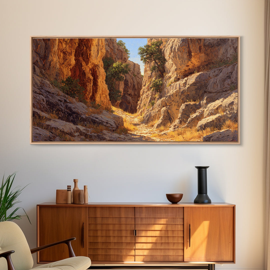 Rustic Canyon Landscape Oil Painting Bright Earth Tone Wall Art Framed Canvas Print Ideal For Living Room Decor Nature Lovers Gift