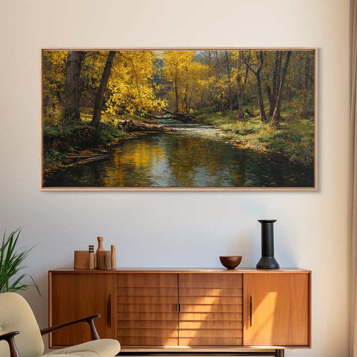 Peaceful Autumn Landscape River Scene Oil Painting Wall Art Canvas Print Rustic Home Decor Large Wall Art