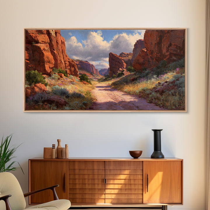 Sunlit Rocky Canyon Landscape With Wildflowers Scenic Wall Art Framed Canvas Print For Rustic Home Decor And Nature Lovers