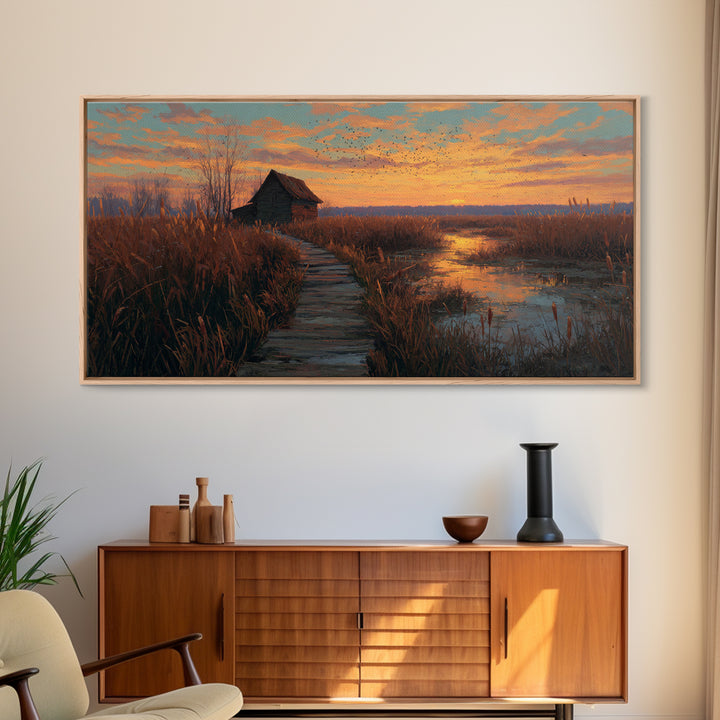 Rustic Autumn Wetland Landscape With Wooden Pathway Original Oil Painting Framed Canvas Print For Cozy Home Decor