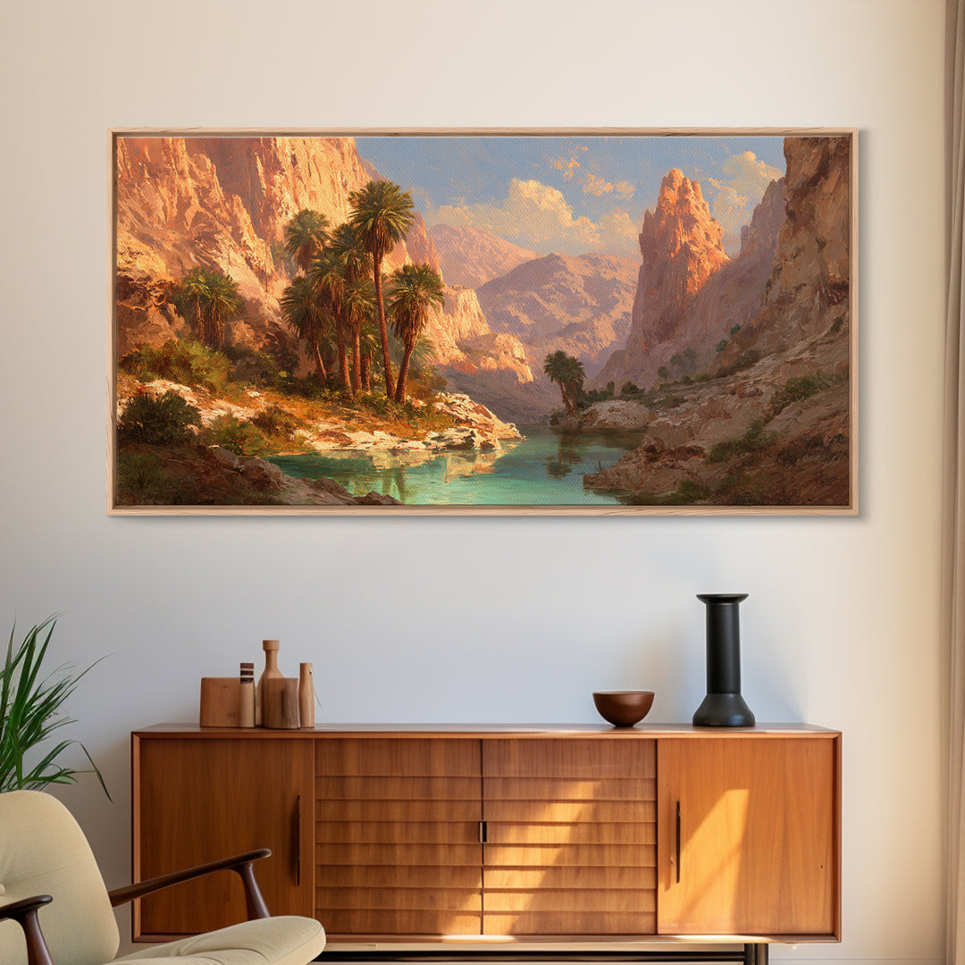 Sunset Mountain Desert Landscape With Palm Trees Oil Painting Canvas Print Large Wall Art For Living Room Modern Home Decor