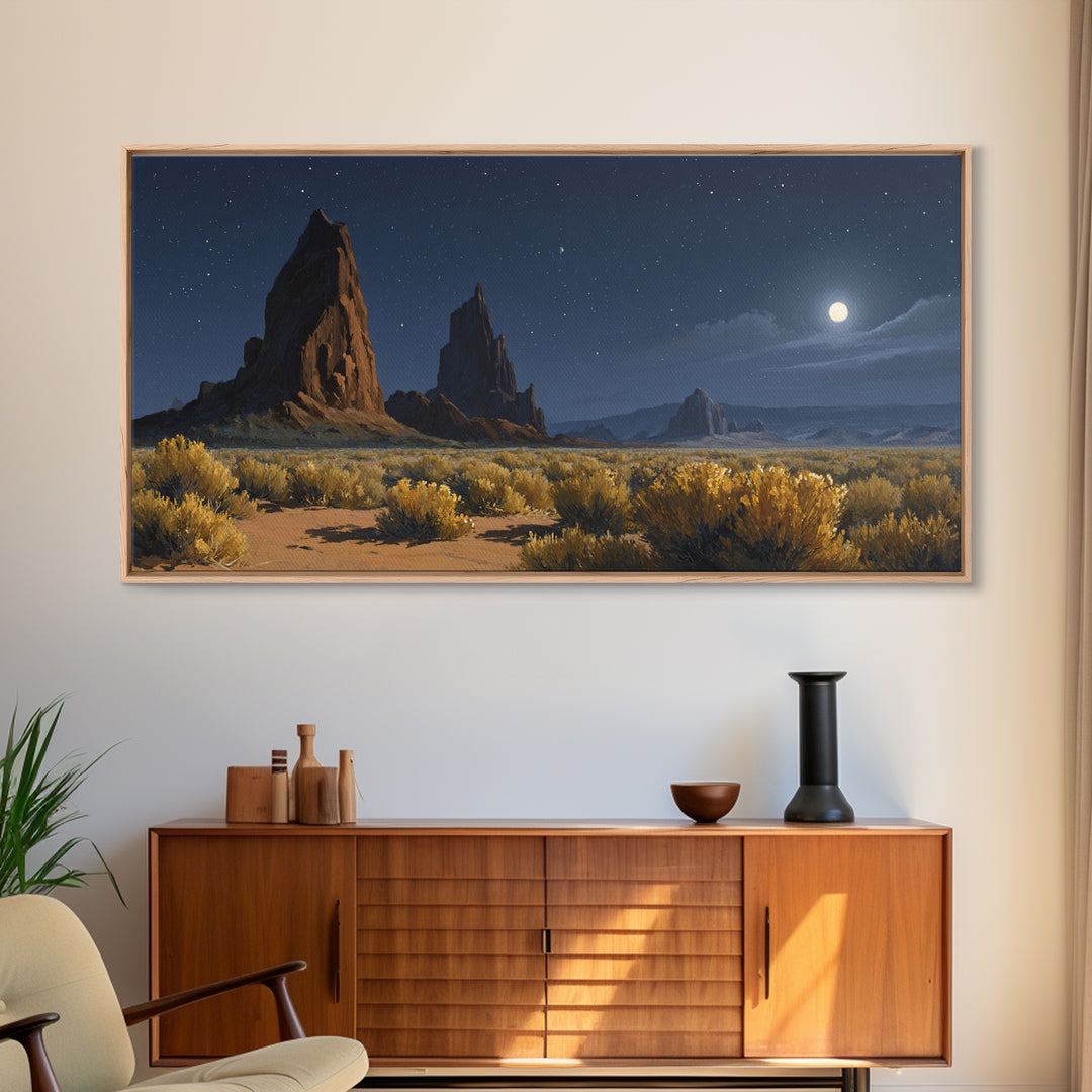 Moonlit Desert Landscape With Majestic Rock Formations And Starry Sky Original Oil Painting Wall Art Canvas Print