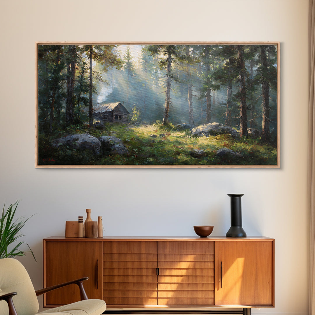 Beautiful Forest Cabin With Sunlight Streaming Through Trees Oil Painting Canvas Print Wall Art