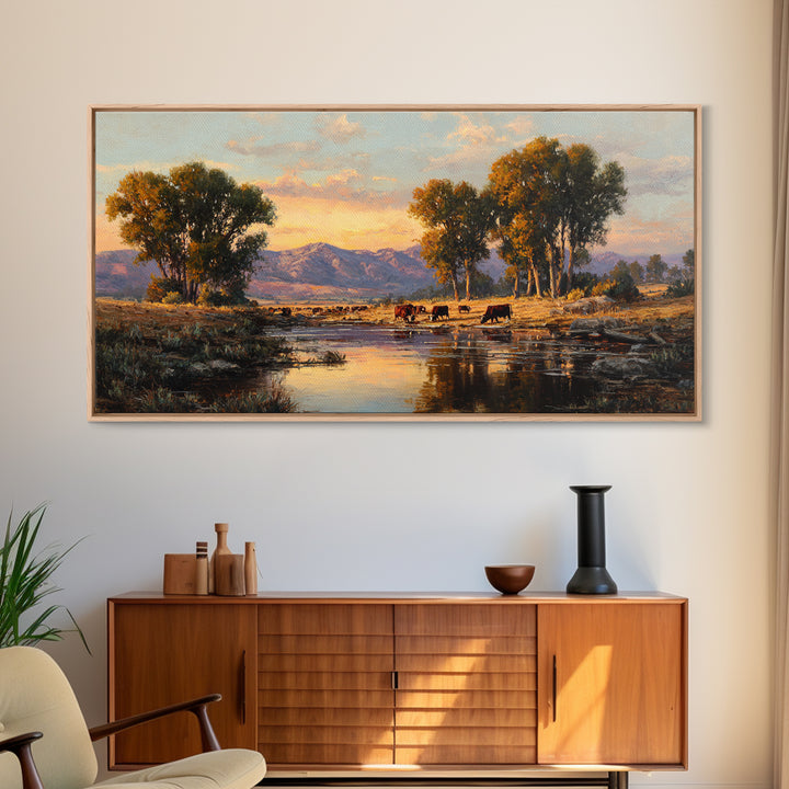 Warm Sunset Over Mountains Large Landscape Wall Art Framed Canvas Print Rustic Nature Home Decor