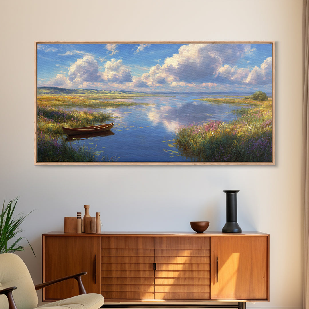 Tranquil Lake Landscape With A Wooden Rowboat in Soft Light Wall Art Framed Canvas Print for Living Room Decor and Home