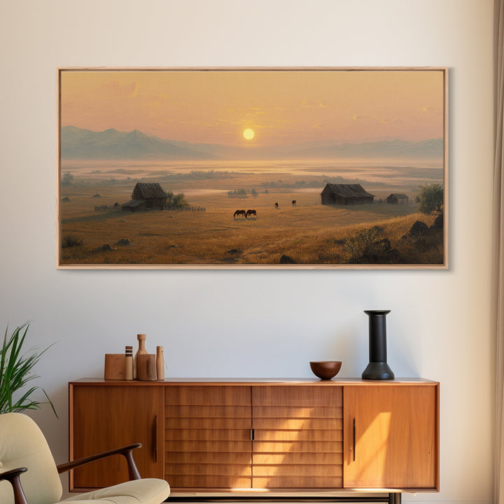 Golden Hour Peaceful Ranch Landscape With Horses Wall Art Framed Canvas Print Rustic Western Decor Original Landscape Home Decor