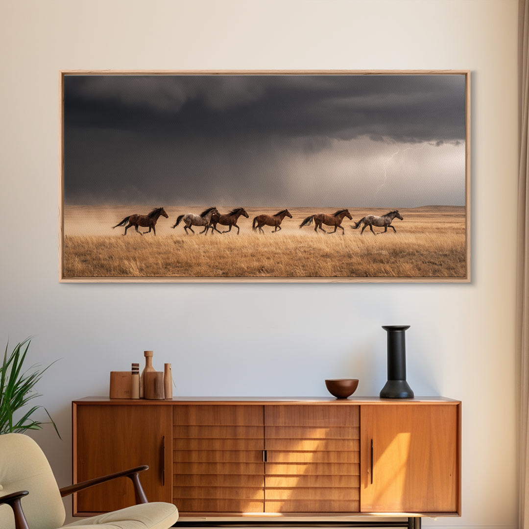 Majestic Wild Horses Running In Field Large Landscape Wall Art Framed Canvas Print Western Farmhouse Decor
