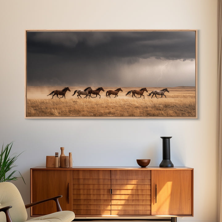 Majestic Wild Horses Running In Field Large Landscape Wall Art Framed Canvas Print Western Farmhouse Decor