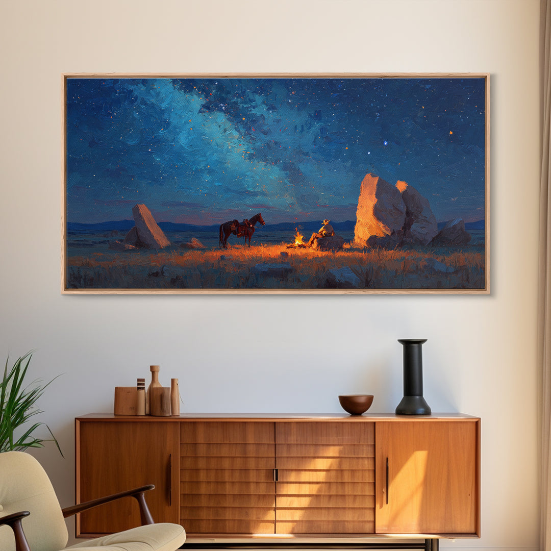 Western Cowboy Night Campfire Scene Oil Painting Canvas Print Large Wall Art Rustic Home Decor
