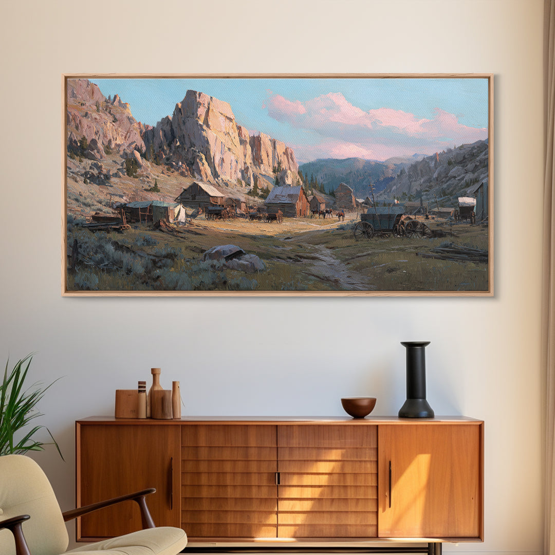 Rustic Mountain Valley Landscape With Flowering Meadow And Farmhouse Wall Art