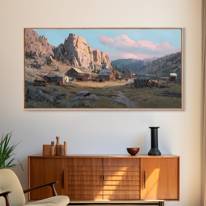 Rustic Mountain Valley Landscape With Flowering Meadow And Farmhouse Wall Art