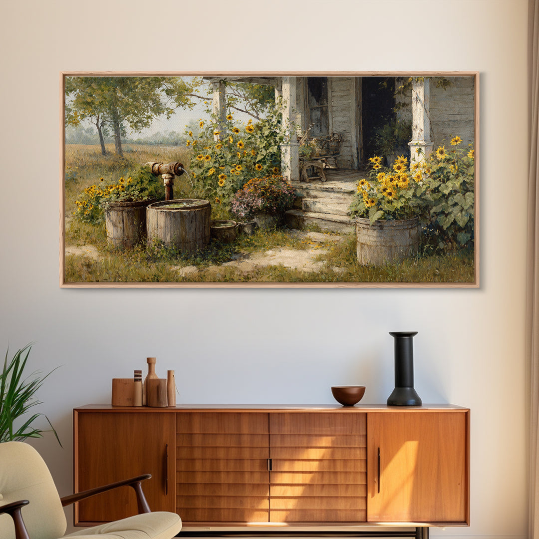 Charming Rustic Farmhouse Sunflower And Well Painting Warm Country Wall Art For Cozy Home Kitchen Decor Canvas Print