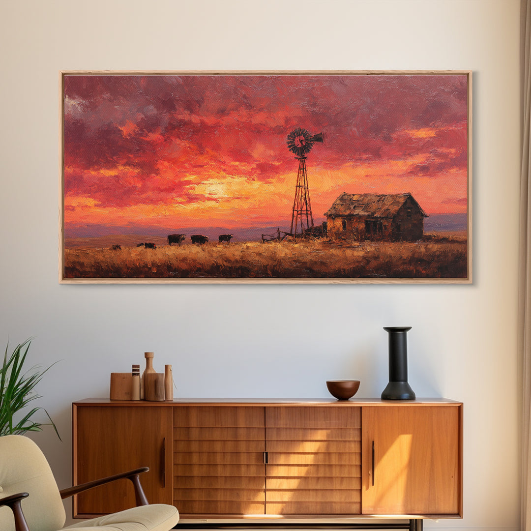 Rustic Western Landscape With Windmill And Cows At Glowing Sunset Framed Canvas Print For Farmhouse Decor