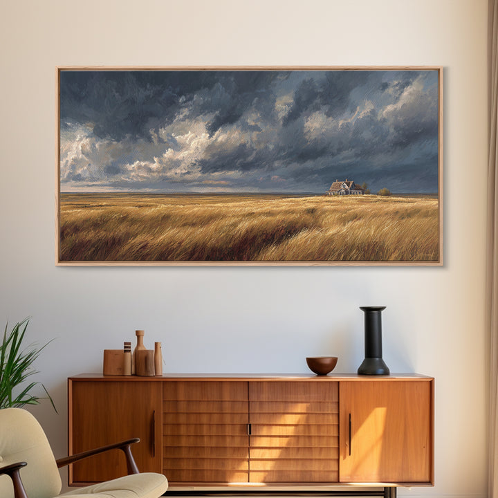 Golden Wheat Field With Rustic House Under Dramatic Sky Landscape Painting Canvas Print For Living Room Decor