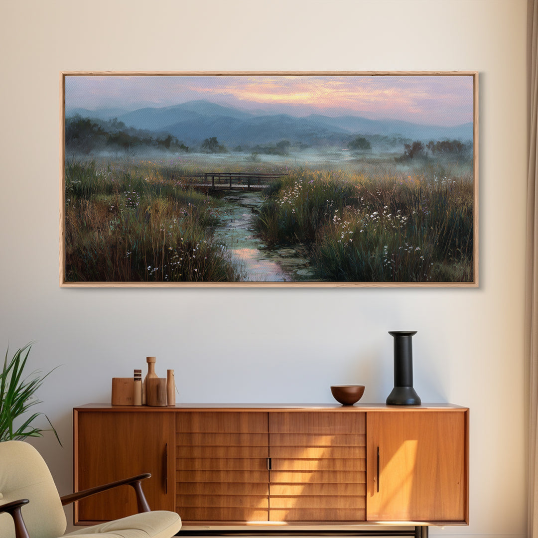 Tranquil Early Morning Meadow Landscape Oil Painting With Bridge Nature Wall Art For Rustic Home Decor Canvas Print