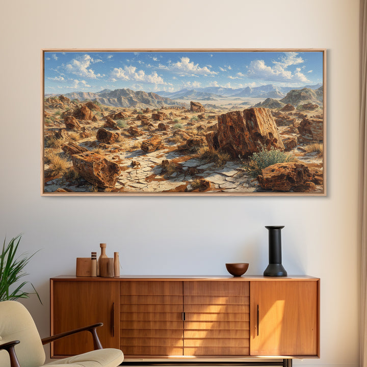 Desert Landscape With Sunbaked Rocks And Mountains Canvas Print Rustic Wall Art Home Decor Modern Southwestern Painting