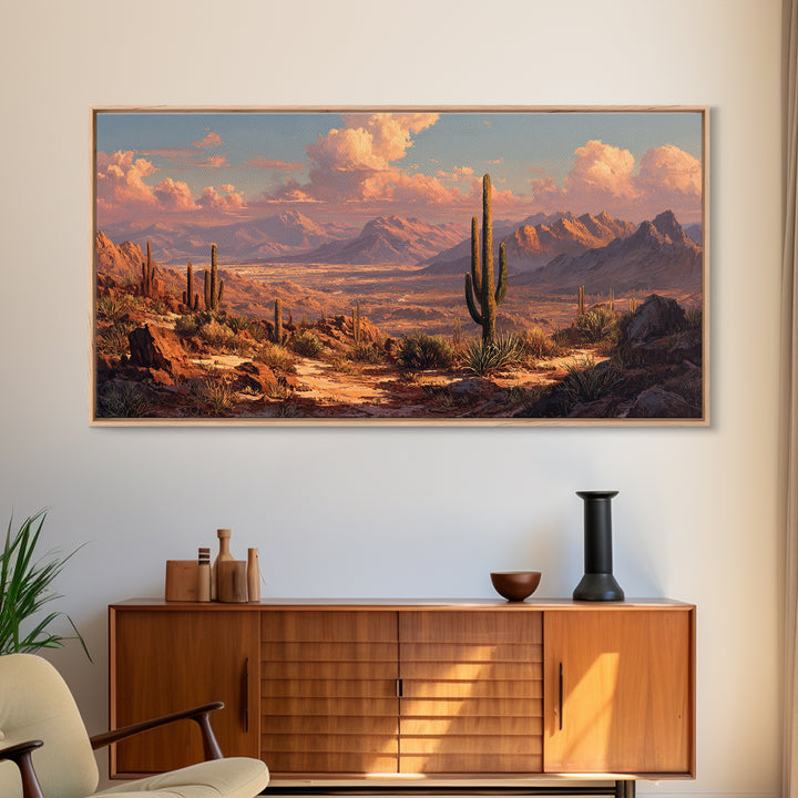 Southwestern Desert Landscape With Saguaro Cacti And Mountains Scenic Wall Art Framed Canvas Print Rustic Home Decor