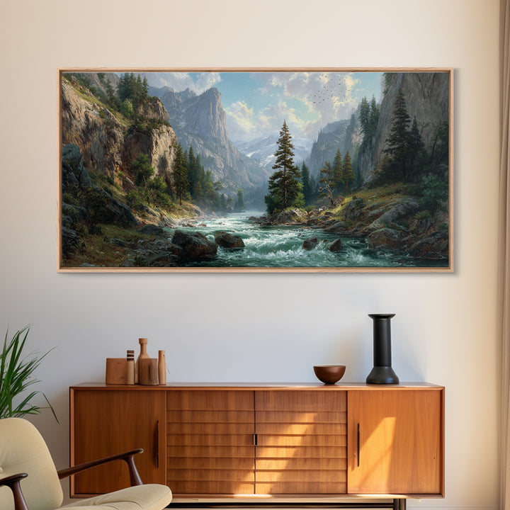 Majestic Mountain River Landscape Painting Large Wall Art Framed Canvas Print Rustic Home Decor Wall Hanging For Living Room Office