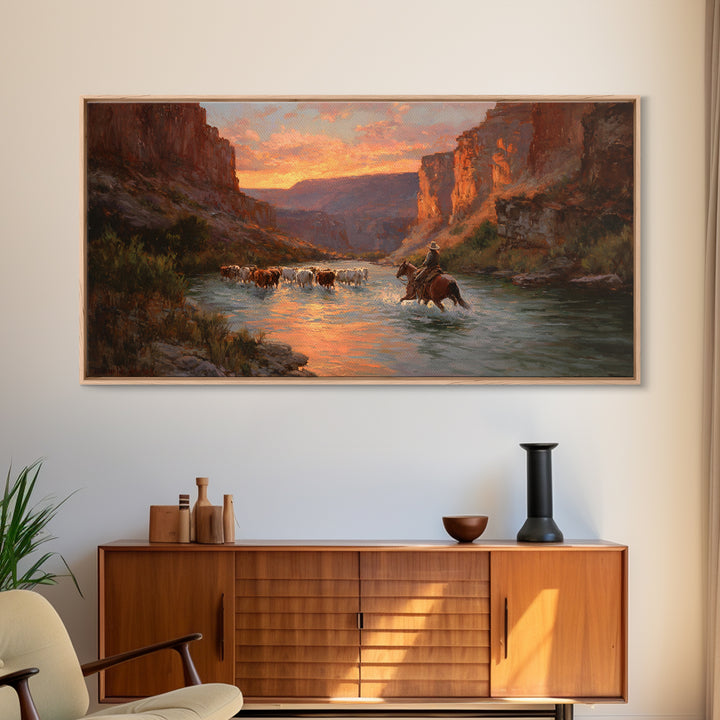 Peaceful Cowboy Herding Cattle At Sunset In Expansive Western Landscape Oil Painting Large Wall Art For Rustic Decor