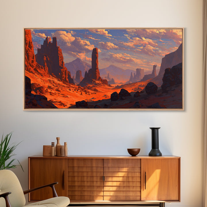 Dramatic Desert Landscape With Rocky Formations And Warm Sunset Sky Fine Art Wall Art Framed Canvas Print
