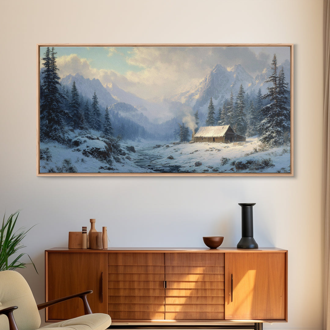 Classic Winter Cabin In Snowy Mountain Landscape Wall Art Framed Canvas Print Rustc Lodge Decor Cabin Wall Art Gift For Men