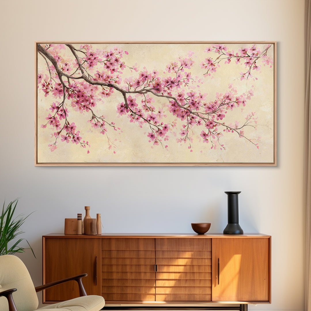 Pink Cherry Blossom Wall Art, Delicate Spring Branch Botanical Print, Japandi Bedroom Decor, Feminine Home Decor Gift For Her