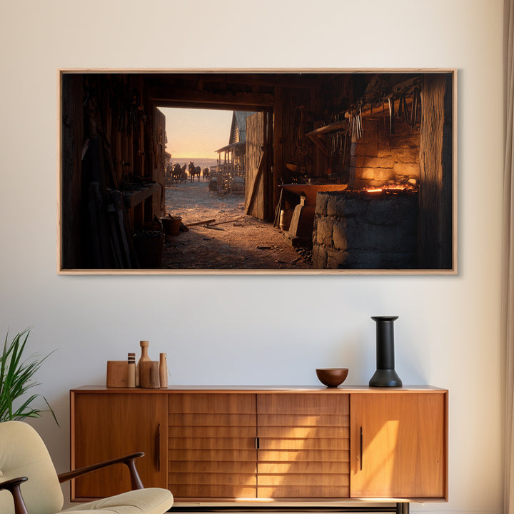 Rustic Blacksmith Forge Interior With Horses Silhouettes Wall Art Canvas Print For Western Decor And Farmhouse Style Home
