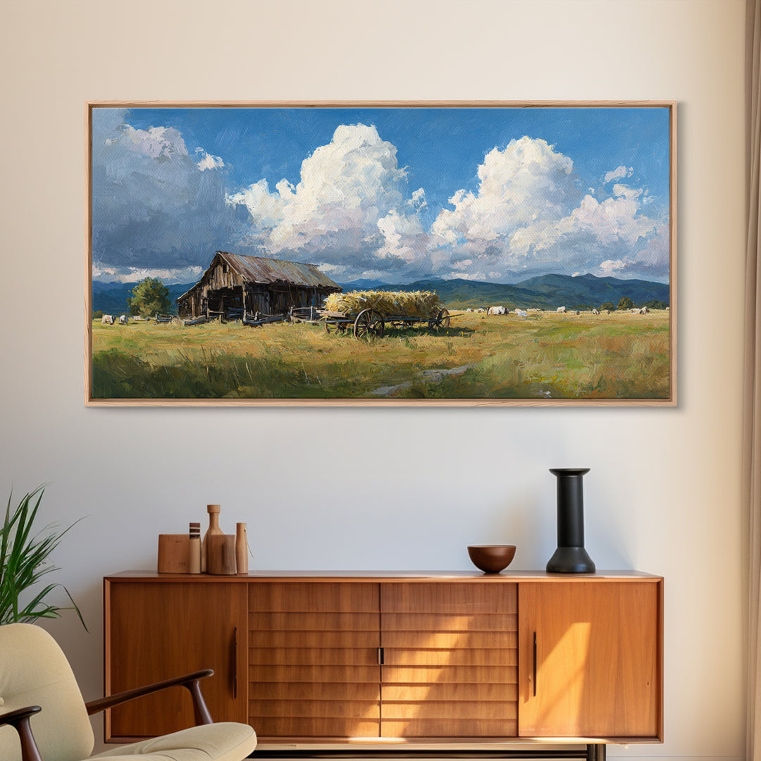 Rustic Barn Landscape Oil Painting Large Wall Art For Farmhouse Decor And Living Room Canvas Print