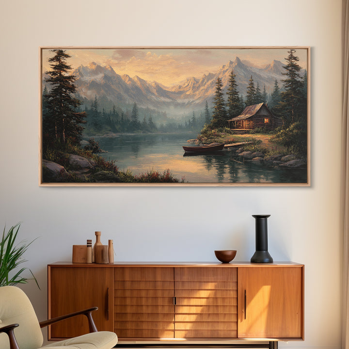 Peaceful Lake Cabin Landscape Canvas Print Quiet Rustic Wall Art Home Decor Tranquil Nature Scene