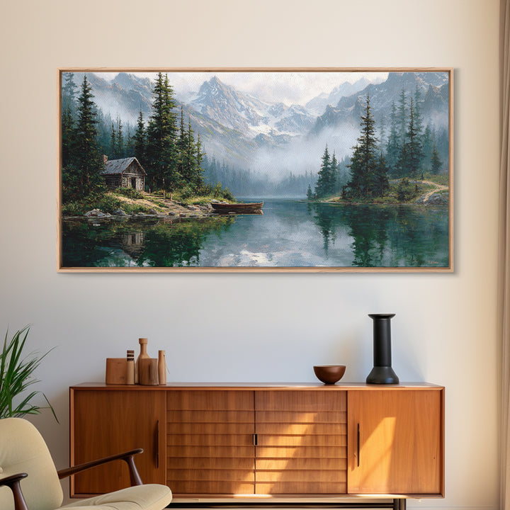 Serene Lake And Mountain Landscape Painting Canvas Print Large Wall Art Rustic Home Decor Nature Wall Art Framed Canvas Print