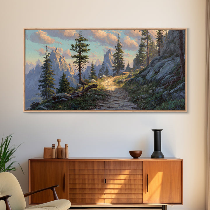 Mountain Landscape With Pine Trees And Rocky Path Scenic Nature Wall Art Framed Canvas Print For Living Room Decor