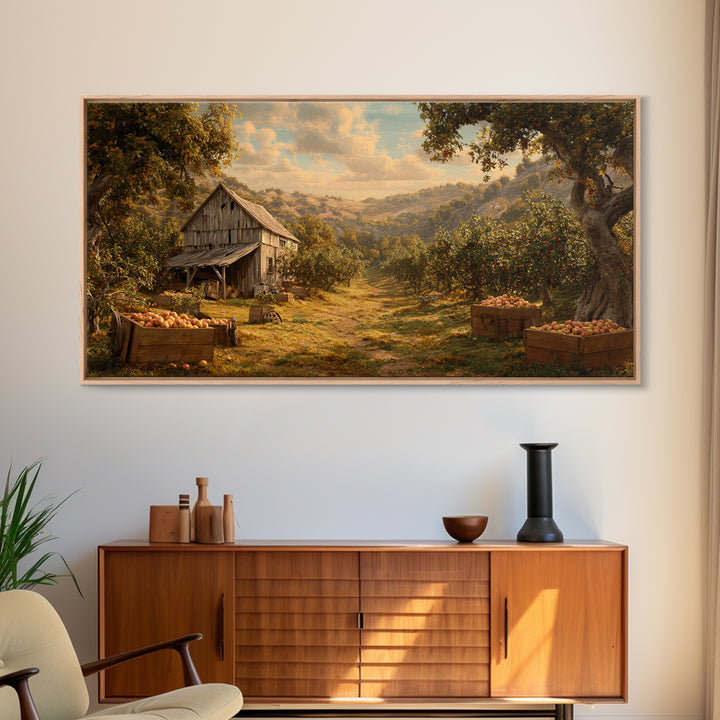 Classic Autumn Orchard Landscape With Barn And Horses Wall Art Canvas Print For Rustic Farmhouse Decor Living Room