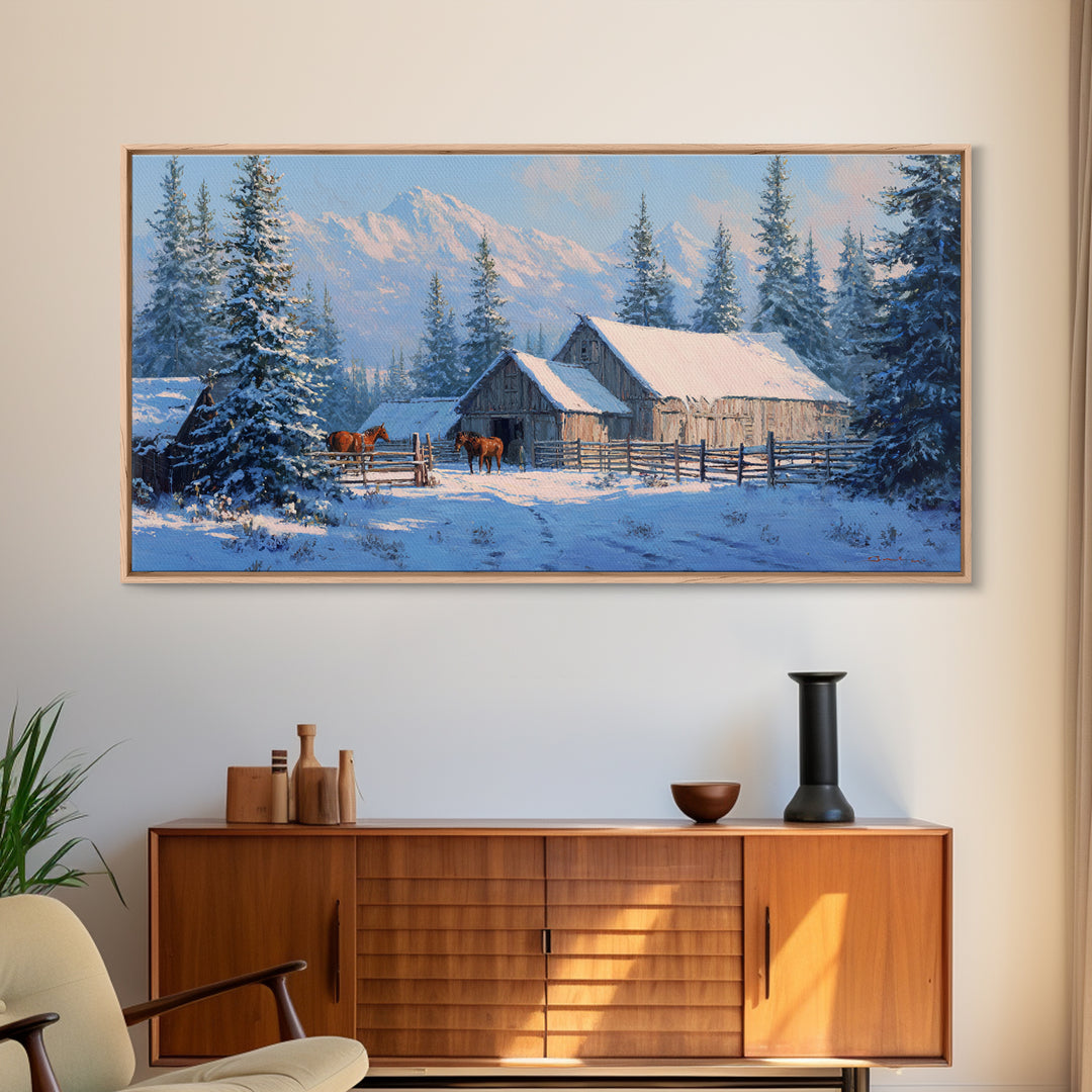 Charming Snowy Barn Winter Landscape Oil Painting Wall Art Framed Canvas Print Rustic Home Decor Cabin Living Room Art Print