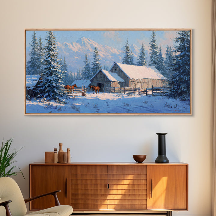 Charming Snowy Barn Winter Landscape Oil Painting Wall Art Framed Canvas Print Rustic Home Decor Cabin Living Room Art Print