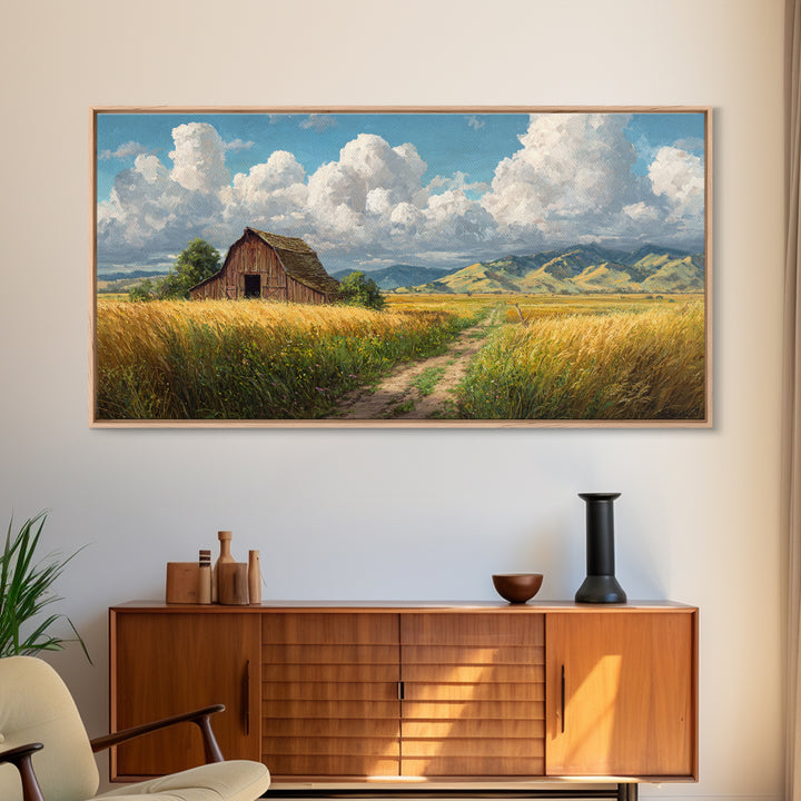 Classic Country Barn in Golden Autumn Field With Mountain Backdrop Oil Painting Canvas Print Wall Art for Rustic Home Decor