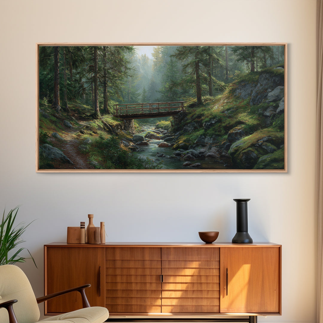 Peaceful Forest Stream Scenic Landscape Painting Large Wall Art Framed Canvas Print Rustic Nature Wall Decor For Living Room Bedroom