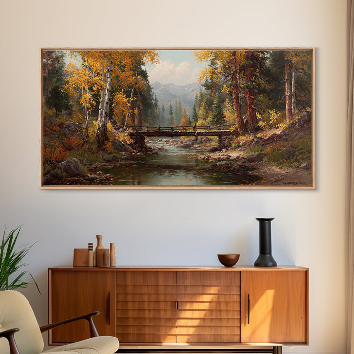 Peaceful Autumn Forest Landscape With Creek And Wooden Bridge Oil Painting Wall Art Framed Canvas Print