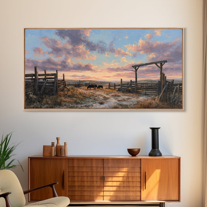 Rustic Western Ranch Sunset Landscape Painting Of Horses Grazing At Dusk Framed Canvas Print For Modern Wall Art And Home Decor
