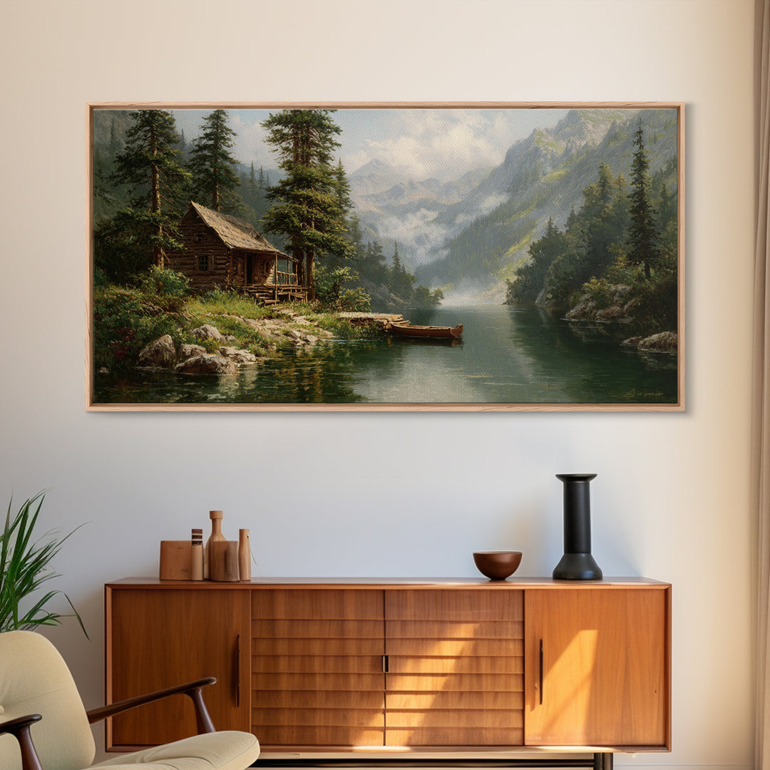 Peaceful Riverside Cabin Landscape Painting Wall Art Framed Canvas Print Rustic Home Decor Large Art Print