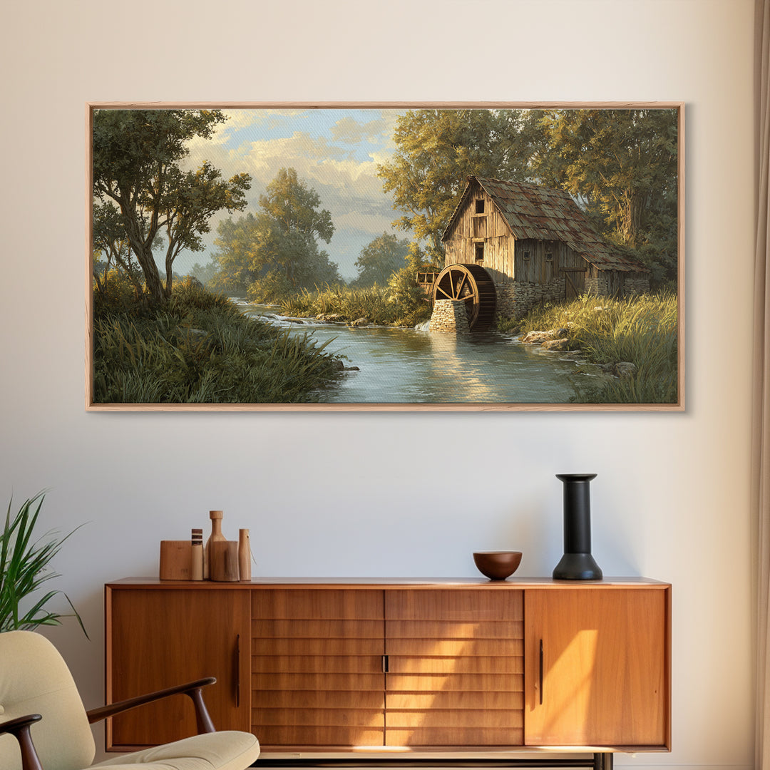 Rustic Watermill On River Landscape Oil Painting Canvas Print Wall Art For Cozy Farmhouse Home Decor
