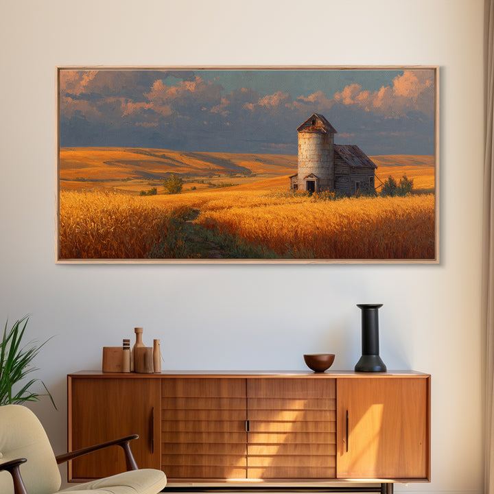 Rustic Barn In Golden Wheat Field Landscape Painting Beautiful Country Scene Wall Art Framed Canvas Print For Farmhouse Decor