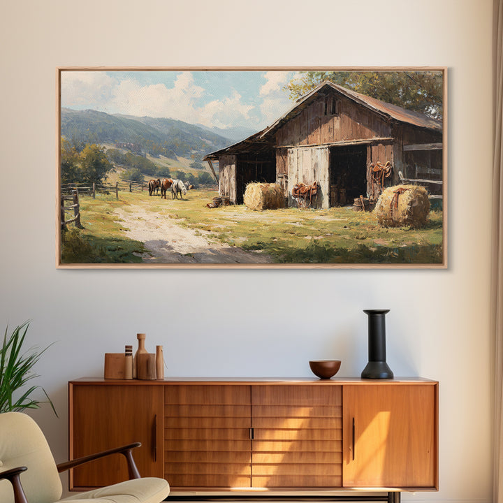 Rustic Western Hay Bales And Horses In Countryside Oil Painting Canvas Print For Farmhouse Wall Art And Country Home Decor