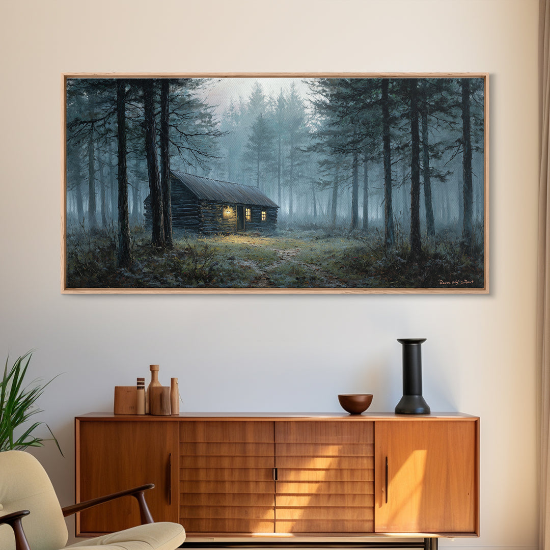 Misty Forest Cabin Landscape Wall Art Framed Canvas Print Cozy Rustic Home Decor Nature Painting