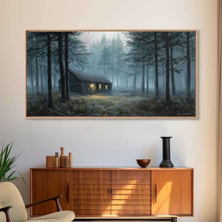 Misty Forest Cabin Landscape Wall Art Framed Canvas Print Cozy Rustic Home Decor Nature Painting