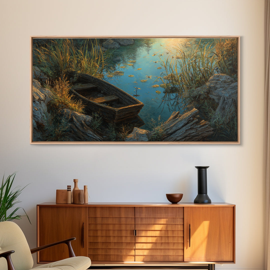 Rustic Oil Painting Capturing Quiet Lakeside With Old Wooden Boat Among Calm Water And Rocks Serene Nature Wall Art For Home Decor Framed Canvas Print