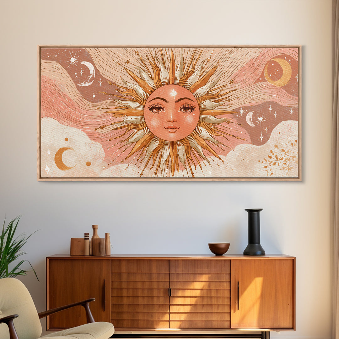 Boho Sun Face Wall Art, Celestial Moon And Stars Illustration, Terracotta Mystical Decor, Whimsical Nursery Art Print Gift