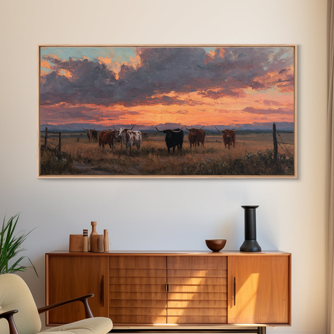 Dramatic Sunset Over Cattle Ranch With Vibrant Sky And Silhouetted Herd Canvas Print Large Wall Art For Rustic Decor