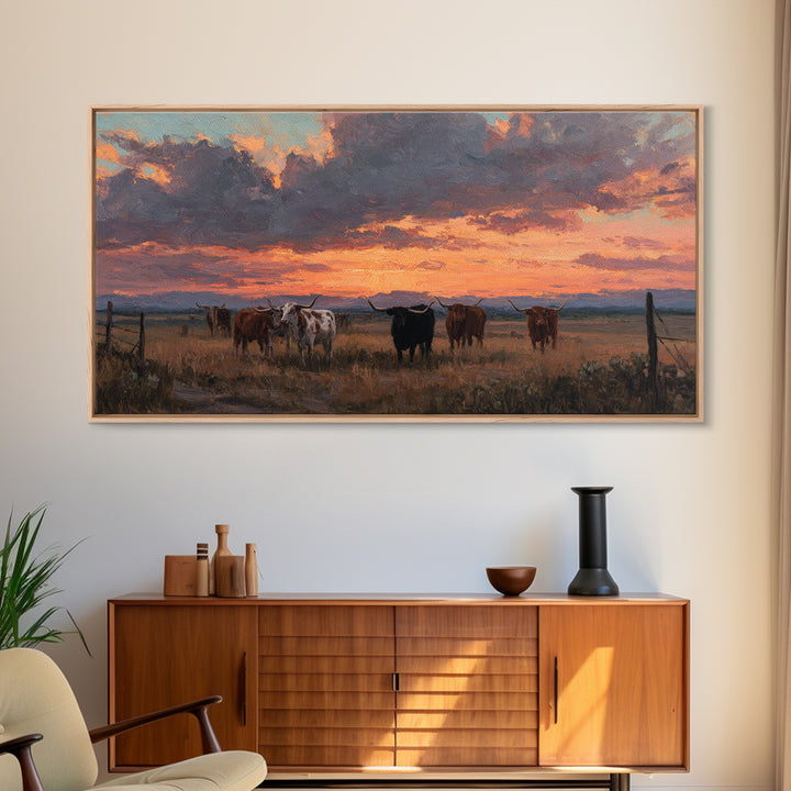 Dramatic Sunset Over Cattle Ranch With Vibrant Sky And Silhouetted Herd Canvas Print Large Wall Art For Rustic Decor