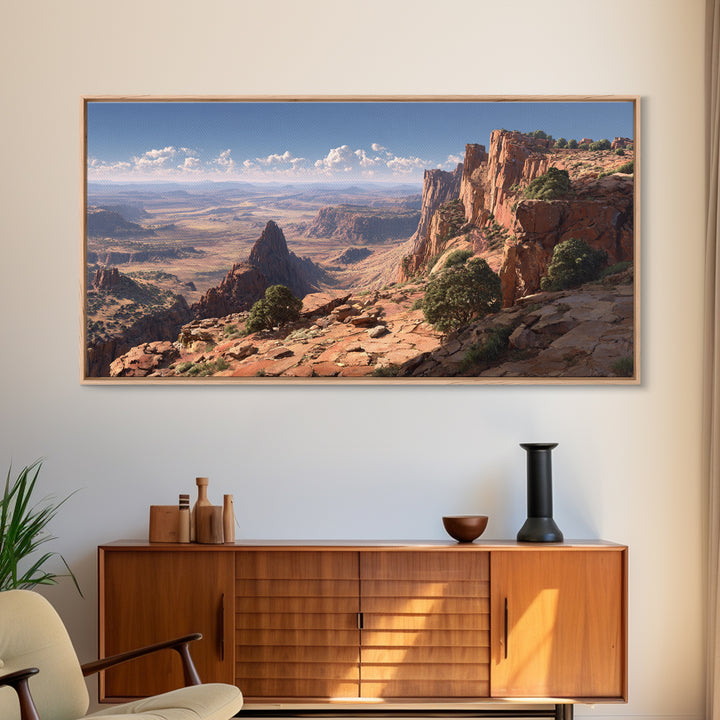 Stunning Desert Canyon Landscape Wall Art With Rocky Cliffs And Expansive View Framed Canvas Print For Home Decor